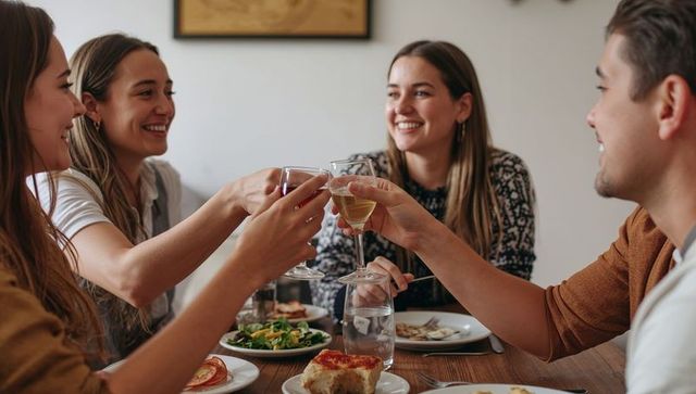 Friends toasting wine and smiling around cozy dinner table at home gathering