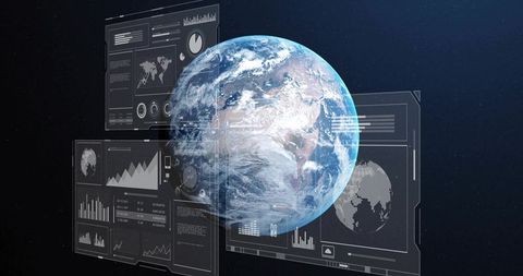 Earth Globe with Holographic Data Panels Displaying Global Analytics Dashboard