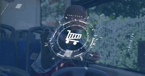 Woman tapping smartphone on transit bus with augmented reality shopping cart interface