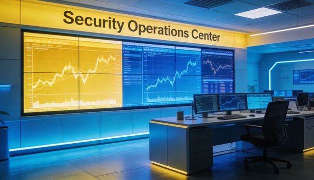 Security Operations Center Multi-Panel Wall Showing Real-Time Analytics and Market Charts