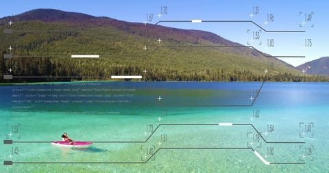 Woman Kayaking on Pristine Mountain Lake with Graphic Overlays