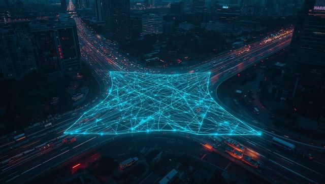 Futuristic cityscape with ai network over digital highway interchange