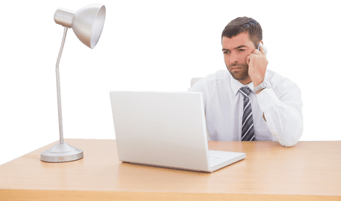 Caucasian Businessman Using Laptop and Smartphone on Transparent Background