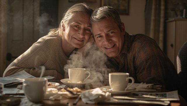 Senior couple sharing cozy morning coffee at home table with steaming cups and smiles