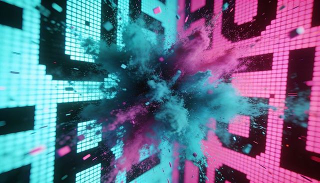 Bursting neon powder cloud over pixel led grid cyan and magenta explosion abstract visual