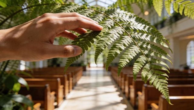 Touching fern frond in sunlit chapel nave with wooden pews and arched windows
