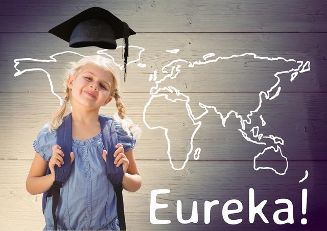 Digital composite image of text eureka and smiling schoolgirl standing against wooden background