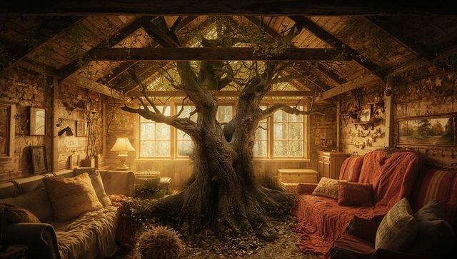 Surreal Tree Growing Inside Rustic Cozy Cabin Room
