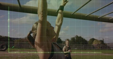Woman Exercising on Outdoor Monkey Bars Under Grid Overlay