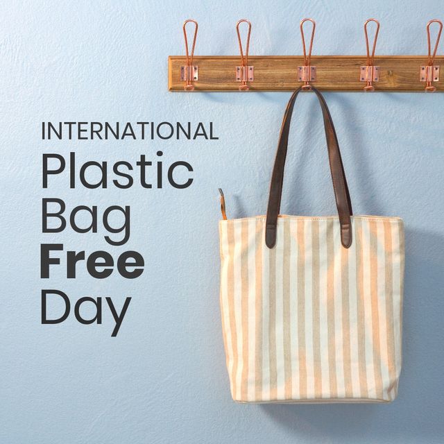 Digital composite image of international plastic bag free day text with fabric bag hanging on wall. awareness and nature conservation concept, celebration, plastic bags free day.
