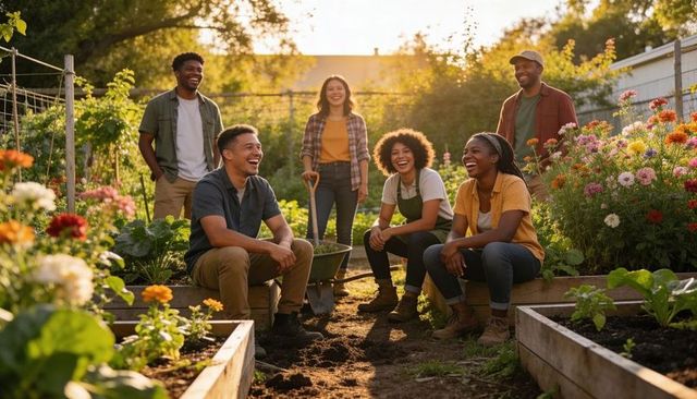 Diverse volunteers planting and laughing in community garden raised beds at golden hour