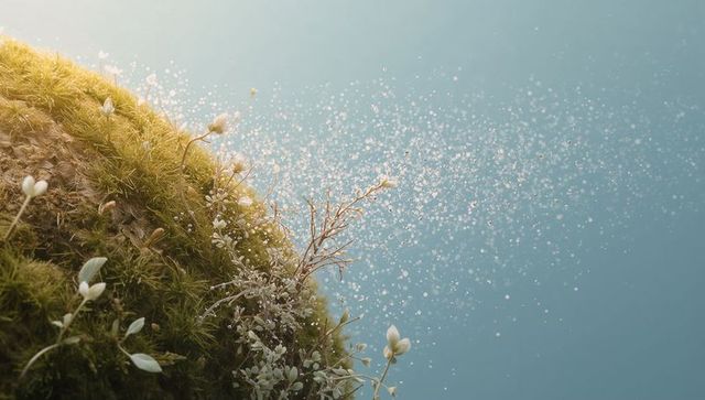 Glowing moss dome catching warm sunlight, delicate white blossoms and sparkling pollen particles