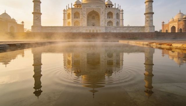 Glowing taj mahal reflecting in misty sunrise pool, rippling water, symmetry and golden light