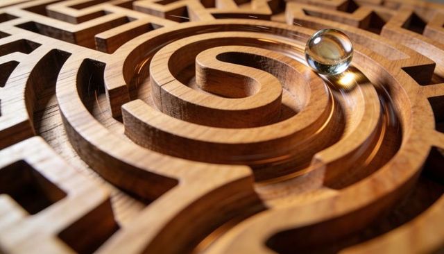 Glass Marble Rolling Through Carved Wooden Spiral Maze Catching Warm Light and Motion