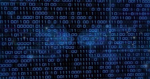 Blue Binary Code Matrix Streaming Holographic Data Visualization with Neon Grid