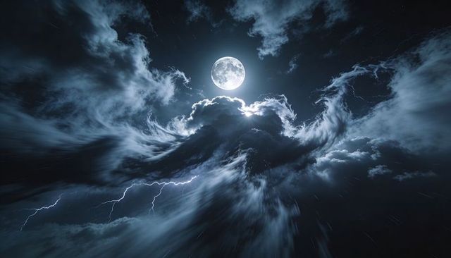 Full Moon Backlighting Storm Cloud with Lightning Streaks, Dramatic Nocturnal Sky