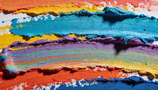 Thick impasto paint strokes showing vibrant multicolor texture and palette-knife ridges