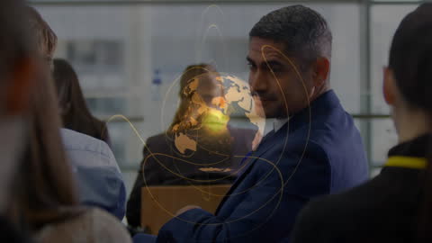 Diverse Professionals with Digital Globe Overlay in Office