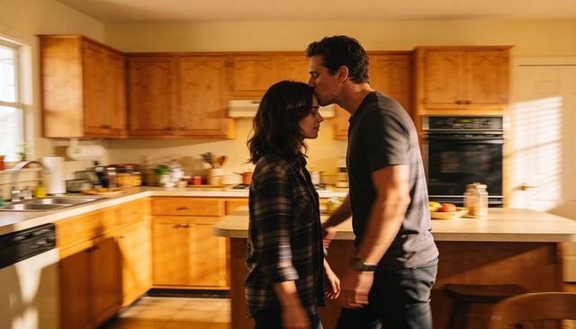 Man kissing woman on forehead in sunlit kitchen conveying intimacy and comfort