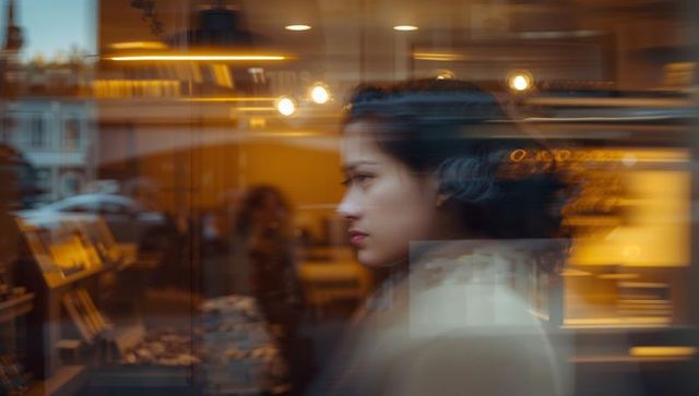 Asian woman standing beside cafe window reflecting pendant lights, moody urban motion blur