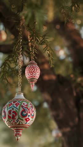 Swaying patterned ceramic lanterns hanging from tree branches in warm golden breeze