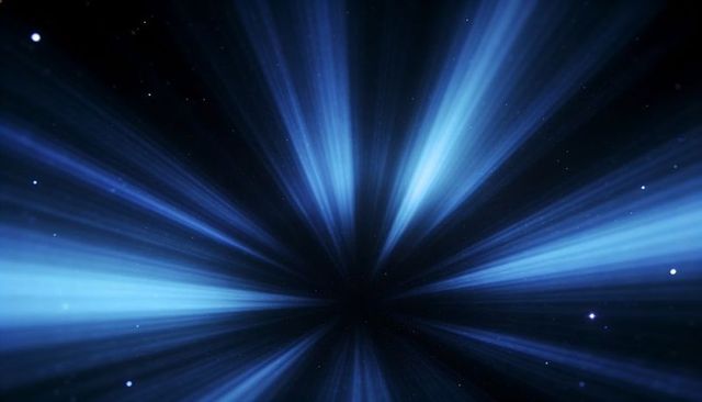 Blue Hyperspace Streaming Light Beams Converging Toward Central Cosmic Void SciFi Backdrop
