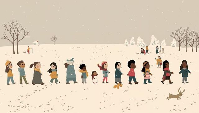 Multicultural children walking in snowy park forming playful line following dog footprints
