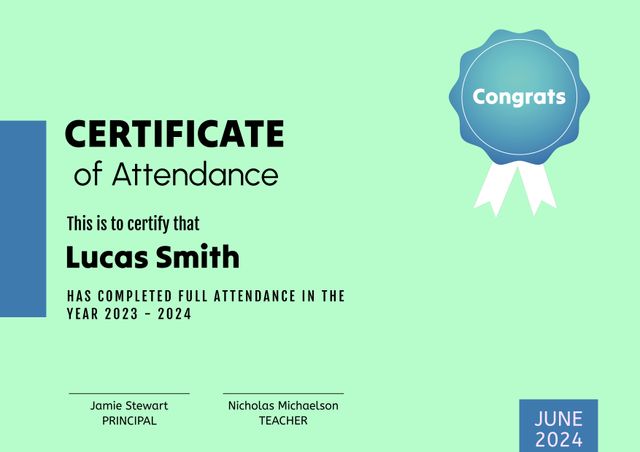 This certificate of attendance acknowledges full attendance for the academic year 2023-2024. Perfect for schools and educational institutions celebrating students' commitment and punctuality. The elegant design features signatures from the principal and teacher, adding authenticity and a personal touch. Ideal for printing and presenting during school award ceremonies or personal milestones.