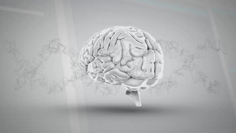 Futuristic Brain with DNA Strand Background in Monochrome Design