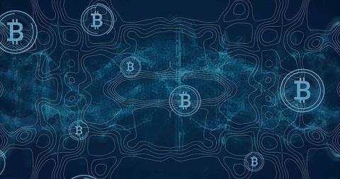 Bitcoin network visualization connecting nodes with cyan topography and digital nebula