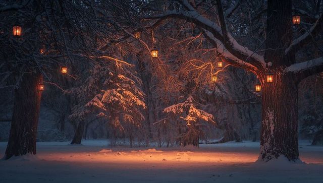 Lantern-lit snowy forest at twilight with warm amber glow and falling snowflakes