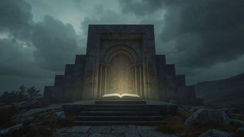 Glowing book on ancient staircase in mysterious stone ruin