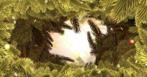 Golden snowflakes and christmas tree branches with glowing light