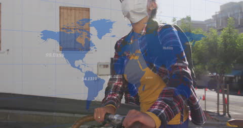 Masked Person Biking with Overlay of World Map and Data