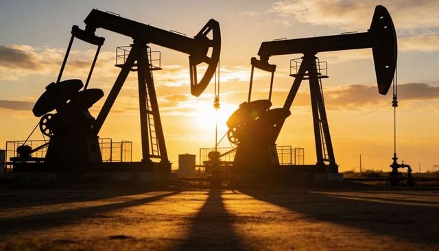 Pumpjacks silhouetting at sunset casting long shadows over oilfield equipment and piping