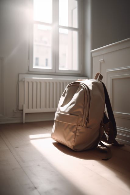 Close up of beige school bag on the floor, created using generative ai technology. School, education and learning concept digitally generated image.