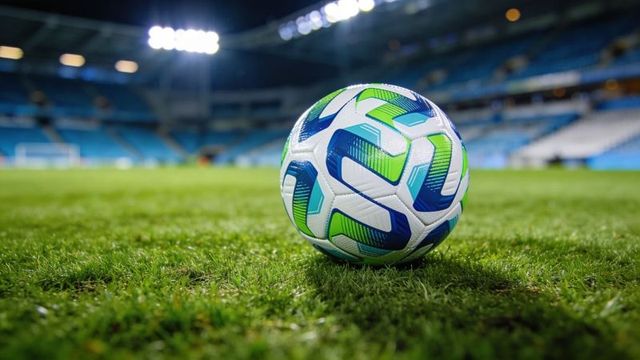 Modern blue-green soccer ball resting on pristine stadium turf under bright floodlights