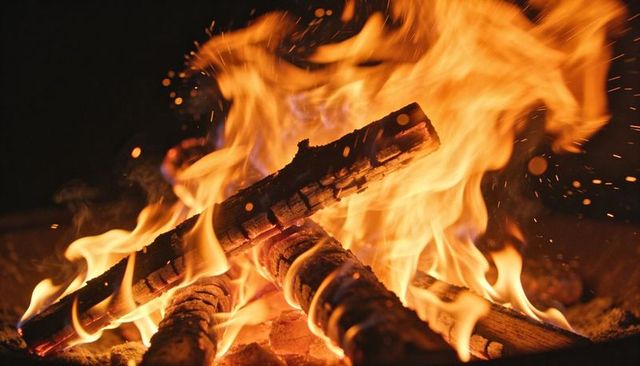 Crackling campfire logs glowing with embers and sparks nighttime cozy warmth