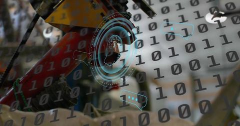 Industrial robotic arm scanning wrapped package with holographic ai and binary code overlay
