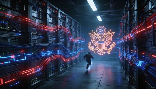 Running tactical figure in data center with holographic Great Seal and neon network cables