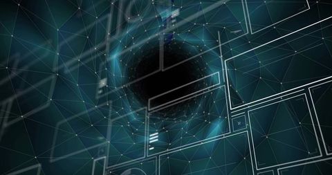 Mesh network tunnel with glowing nodes in virtual space