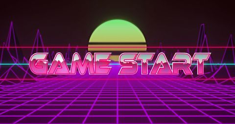Retro Game Start Banner with Neon Grid and Sunrise Background
