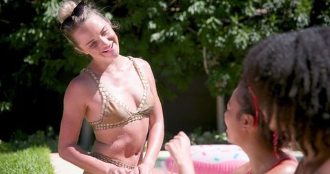 Friends Relax by Pool Bonding Over Sunny Summer Day