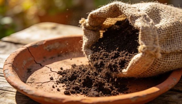 Spilling potting soil from burlap sack into cracked terracotta saucer in sunlit garden