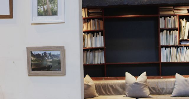 Cozy Reading Nook with Bookshelves and Frame Gallery - Download Free Stock Images Pikwizard.com