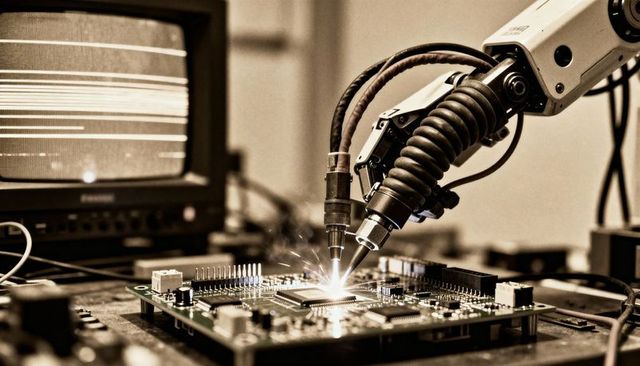 Robotic soldering arm performing precision soldering on pcb with sparks and crt monitor