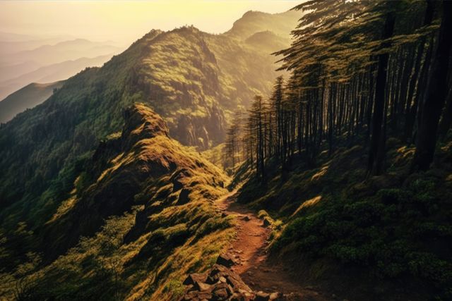 Mountain trail winding through lush forest at golden hour with sunlight casting a warm glow. Misty layers of mountains in distance create a serene atmosphere. Ideal for use in travel promotions, nature magazines, hiking blogs, and landscape photography collections.