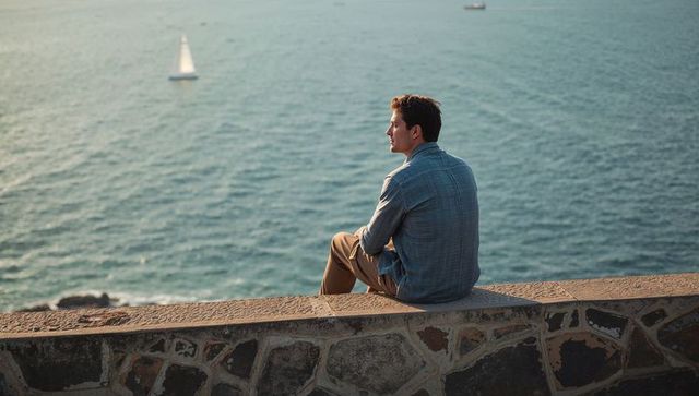 Man sitting on seawall gazing at sailboats over calm ocean at sunset for reflection