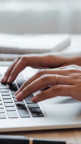 Typing Female Hands on Laptop Keyboard Close-Up Vertical Video Showing Keystrokes and Productivity