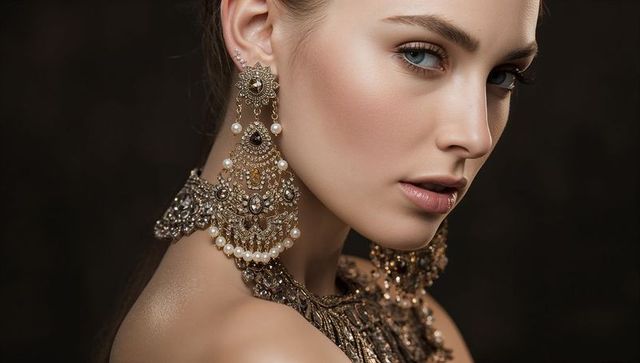 Glamorous portrait showcasing ornate gold chandelier earrings and pearl gemstone necklace